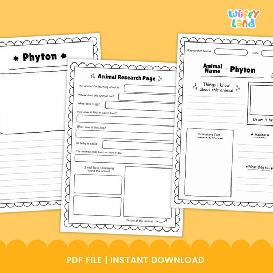 A printable Python Animal Research Project set featuring worksheets and reference images to help students study and record facts about pythons. Includes pages for writing information about appearance, habitat, diet, life cycle, and adaptations, along with templates for note-taking and drawing. Designed as a classroom science activity for kids learning about reptiles.