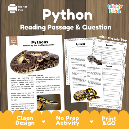 Digital download activity sheet for teaching Python reading comprehension, featuring a snake illustration, sample text passages, multiple-choice questions, and an answer key layout on a wood background with 'Wiffly Land' branding.
