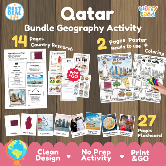 Qatar geography activity bundle cover showing 14 country research pages, 2 ready to use coloring posters, and 27 photo flashcards