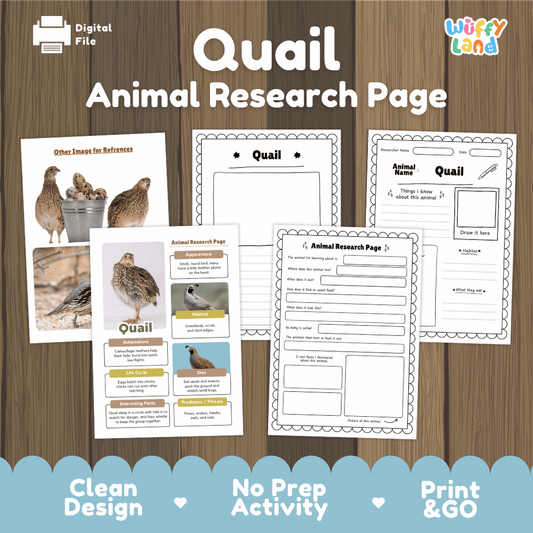 Digital preview of a 'Quail Animal Research Page' activity sheet set by Wiffly Land, displayed on a wood-grain background with a blue scalloped footer banner highlighting key features.