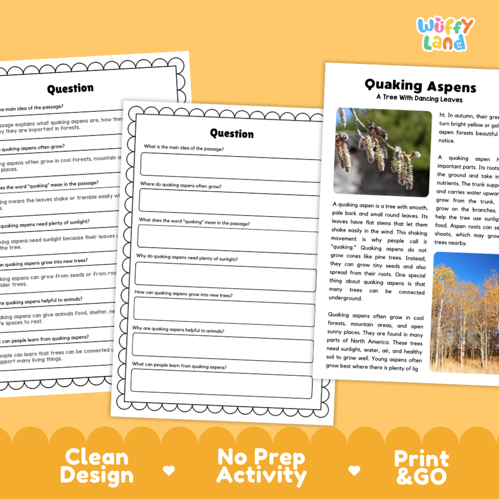 Quaking Aspen Plant Reading Passages Worksheets and Comprehension Activity
