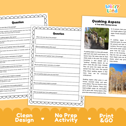 Quaking Aspen Plant Reading Passages Worksheets and Comprehension Activity