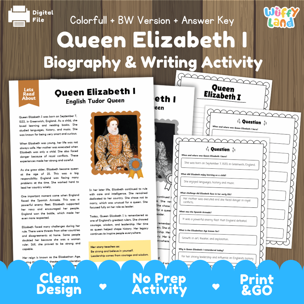 Queen Elizabeth I biography and reading comprehension worksheets pack featuring passage, writing activity, and answer key