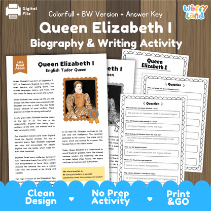 Queen Elizabeth I biography and reading comprehension worksheets pack featuring passage, writing activity, and answer key