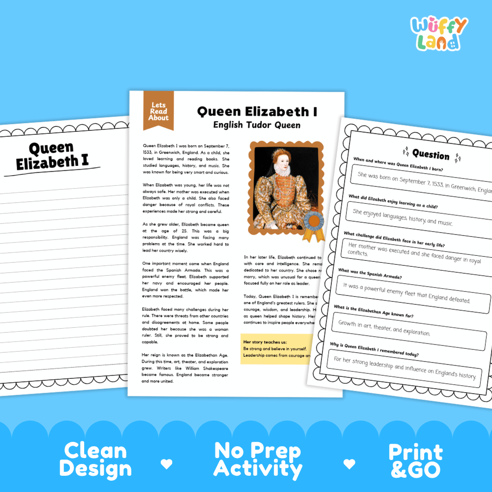 Student reading passage detailing the life, reign, and accomplishments of Queen Elizabeth I with portrait illustration