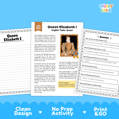 Student reading passage detailing the life, reign, and accomplishments of Queen Elizabeth I with portrait illustration