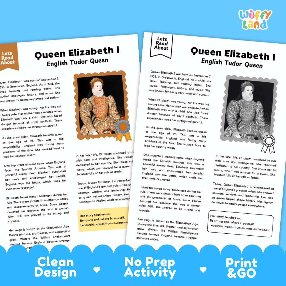 Lined writing activity page with decorative frame for student writing assignments about Queen Elizabeth I