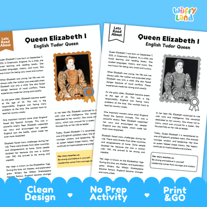 Lined writing activity page with decorative frame for student writing assignments about Queen Elizabeth I