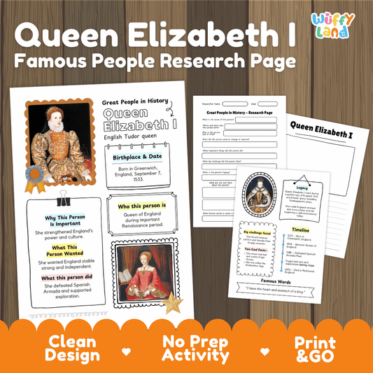 A printable educational worksheet set titled 'Queen Elizabeth I Famous People Research Page' by Wiffly Land, shown on a wood background with promotional text at the bottom. The pages include a front cover, interior activity sheets, and a timeline layout.