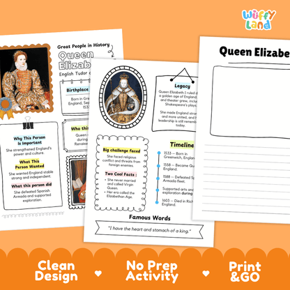 Two printable educational activity sheets about Queen Elizabeth displayed on an orange background. The left sheet is titled 'Great People In History: Queen Elizabeth' with text boxes, a portrait, and a small map.