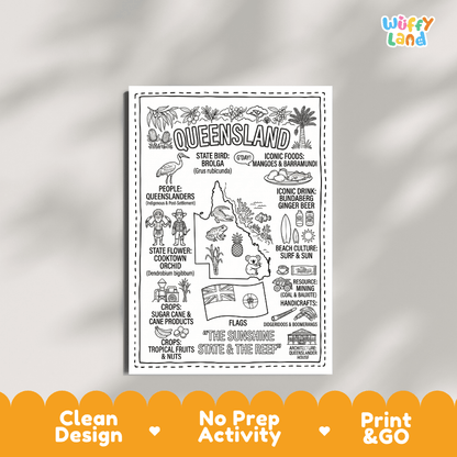 Educational activity coloring page highlighting Queensland Brolga bird Grus rubicunda, Cooktown Orchid flower, and state flag