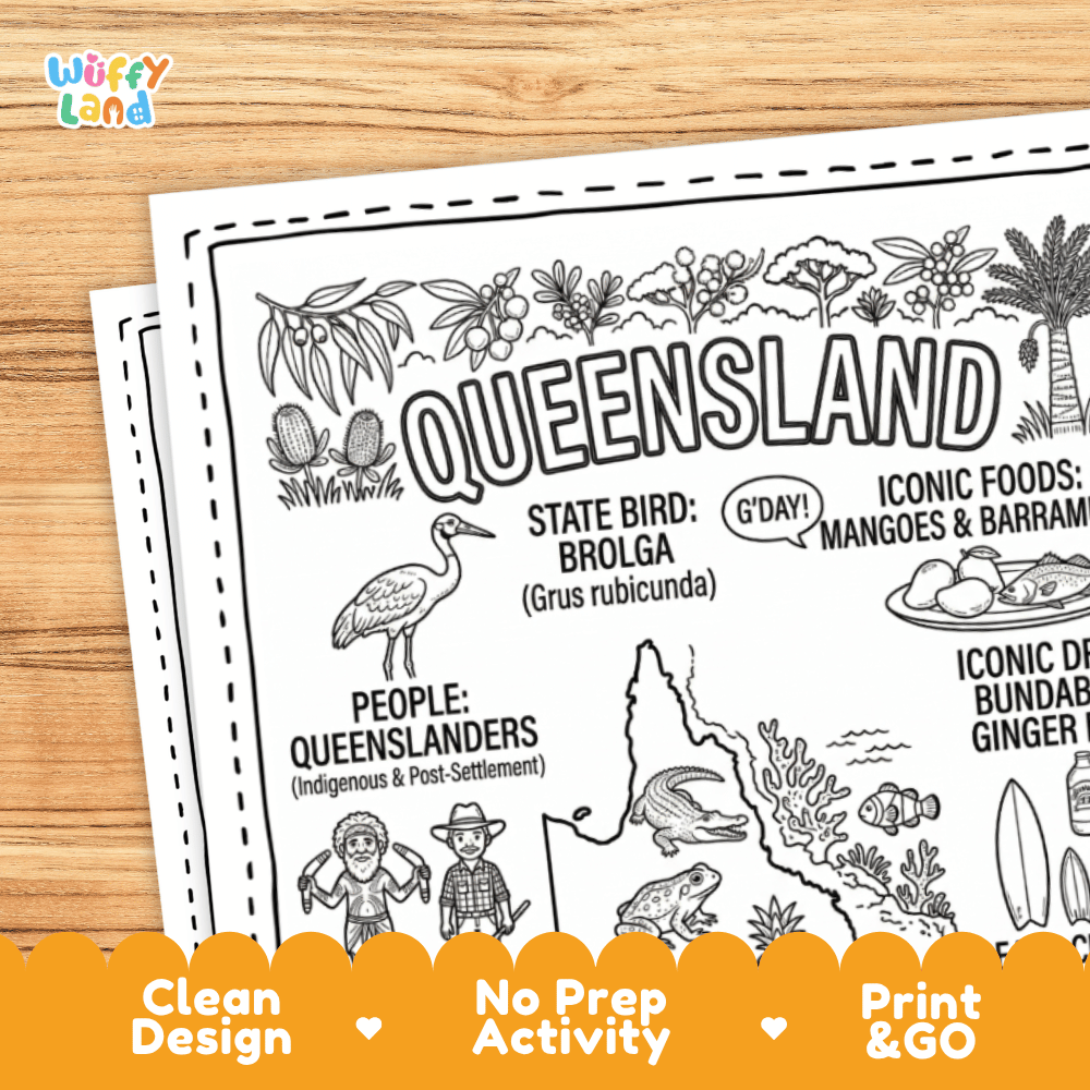 Cultural coloring page featuring Queensland beach surf culture, Bundaberg ginger beer, mangoes, didgeridoo, and Gday greeting