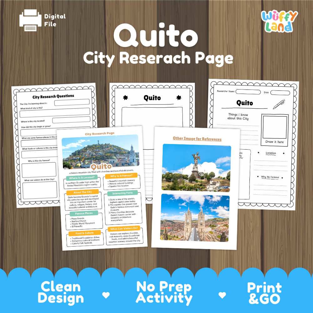 Digital printable activity sheet set for researching Quito, featuring city research question pages, a city page layout, and image reference cards, displayed on a wood background with a blue banner at the bottom.
