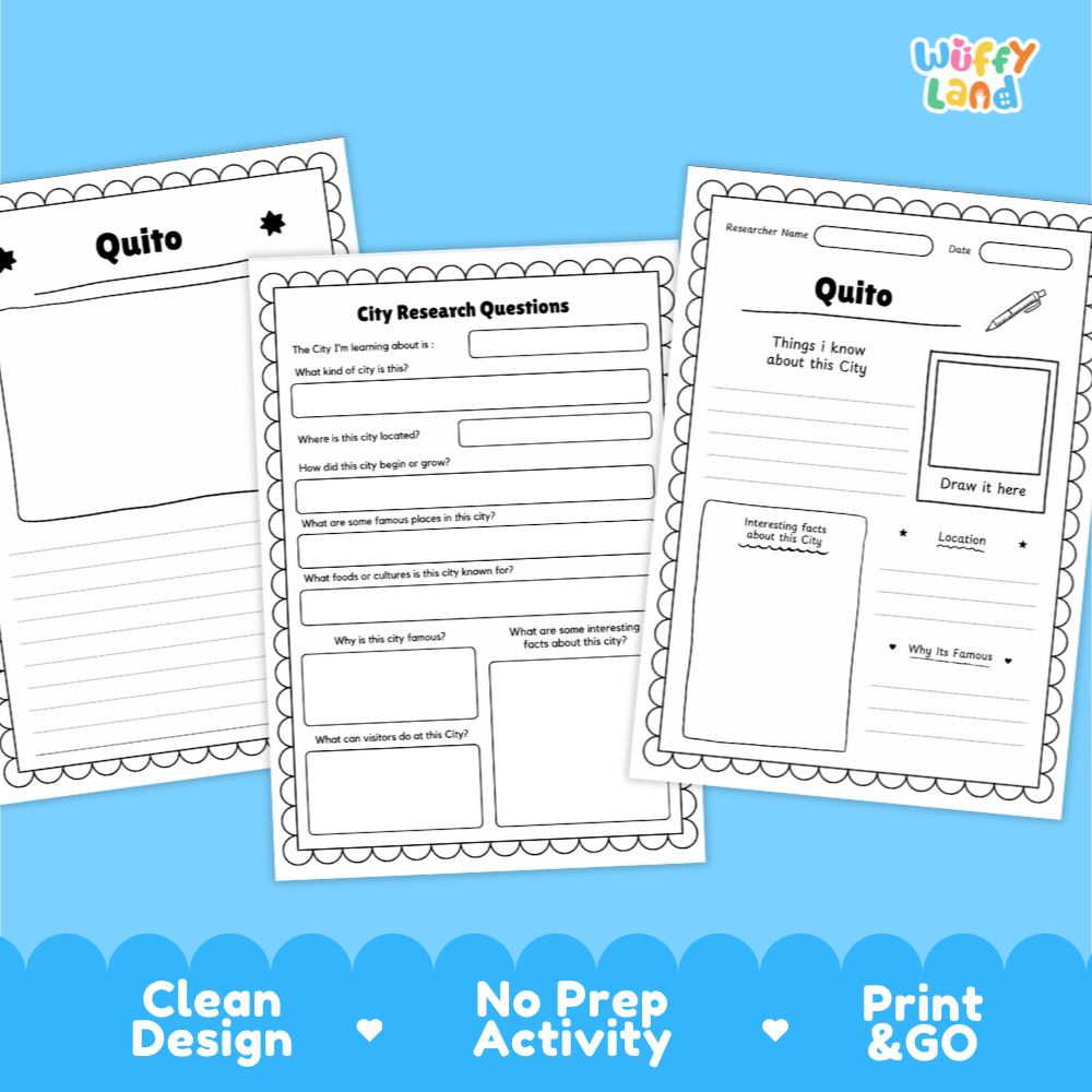 Three printable city research activity sheets for Quito are shown on a bright blue background with decorative text at the bottom. The sheets are black-and-white lined writing pages with headings like 'City Research Questions' and writing areas.