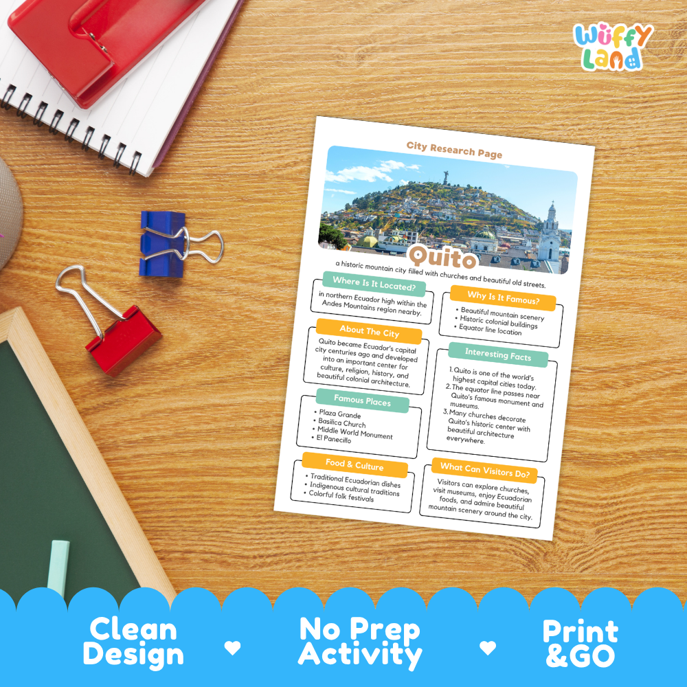 A printed city research page about Quito laid on a wooden desk, surrounded by school supplies including a spiral notebook, red binder clips, and a chalkboard. The page has a colorful map and text sections about the city.