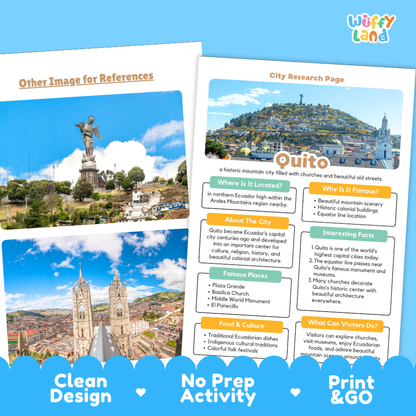 Two printed educational travel poster designs for Quito, Ecuador, displayed on a bright blue background. The left poster is titled 'Other Image for References' and features a photo of the Santa Ana statue and cathedral.