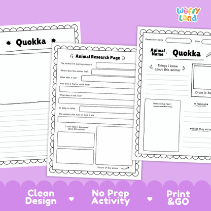 Quokka Animal Research Page Graphic Organizers and Worksheets