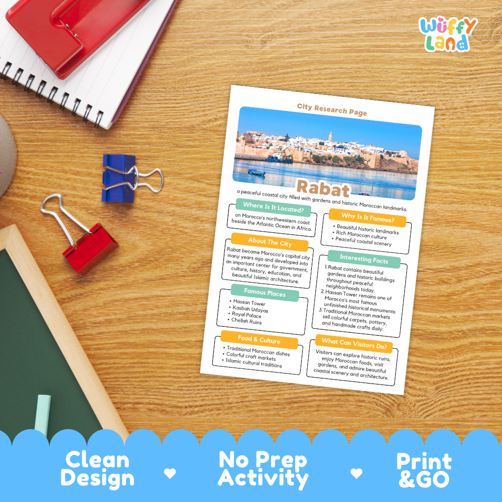 A printed Rabat city research page activity sheet laid on a wooden desk with school supplies around it. The sheet has a travel-style photo header, headings like 'City Research Page' and 'Rabat,' and colored text boxes for facts.