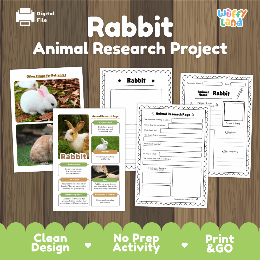 Digital activity sheet set for a 'Rabbit Animal Research Project' by Wiffy Land, displayed on a brown wood background. The set includes printable pages for an animal research project, a reference image card, and a checklist, with green promotional banners at the bottom highlighting key features.