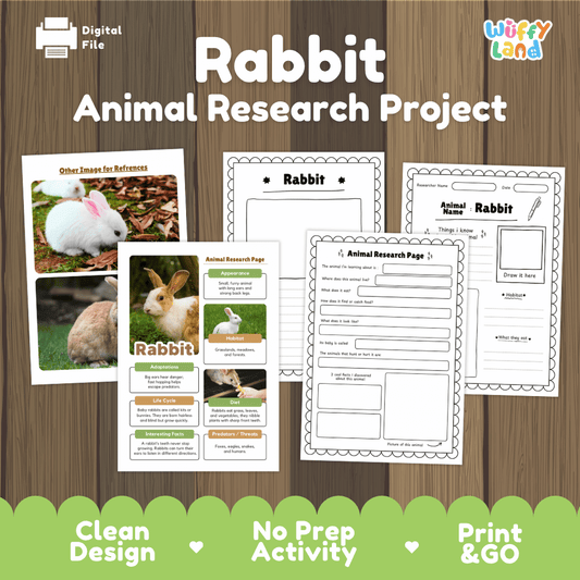 Digital activity sheet set for a 'Rabbit Animal Research Project' by Wiffy Land, displayed on a brown wood background. The set includes printable pages for an animal research project, a reference image card, and a checklist, with green promotional banners at the bottom highlighting key features.