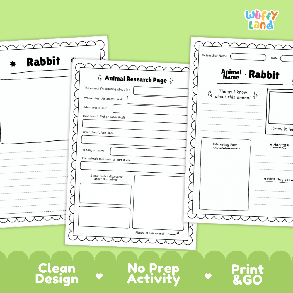 Three printable worksheet pages for rabbit animal research are shown on a light green background with decorative text at the bottom. The pages are mostly white with black outlines and text, and the brand name 'Wiffy Land' appears in the top right corner.