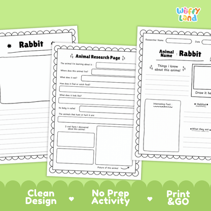 Three printable worksheet pages for rabbit animal research are shown on a light green background with decorative text at the bottom. The pages are mostly white with black outlines and text, and the brand name 'Wiffy Land' appears in the top right corner.