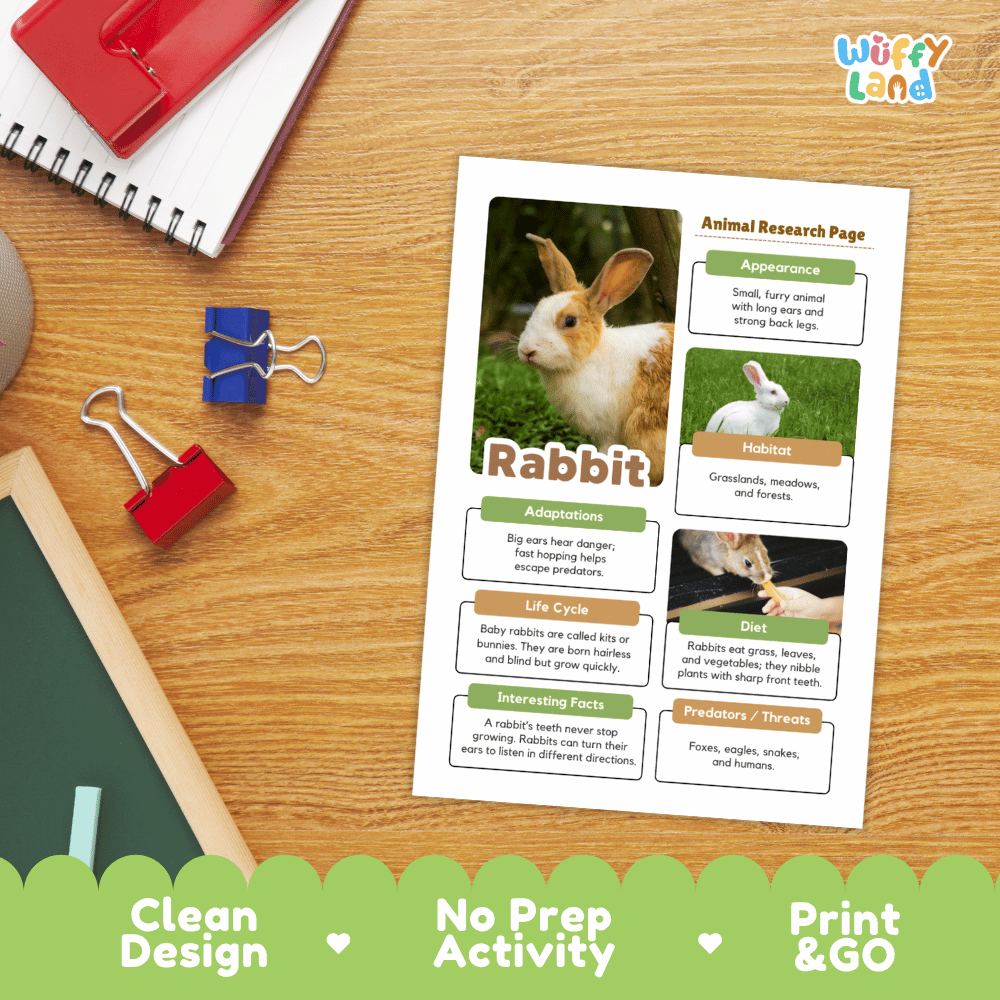 An educational animal research page about rabbits, printed on a white sheet and placed on a wooden desk with school supplies. The page includes a rabbit photo, text sections, and a colorful green decorative border at the bottom.