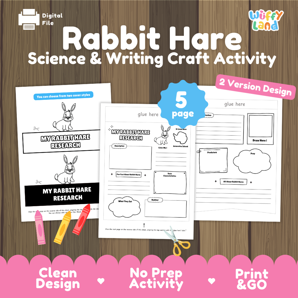 Promotional graphic for a 'Rabbit Hare Science & Writing Craft Activity' digital file by Wiffy Land, showing sample printable pages on a wood background with pink banners at the bottom.