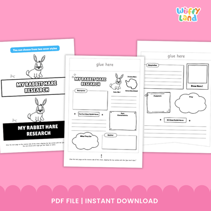 Three printable worksheet pages for a rabbit hare research project are shown on a pink background. The pages include labeled boxes for description, conclusions, hypotheses, and drawing areas, with cartoon rabbit illustrations and the text 'glue here.