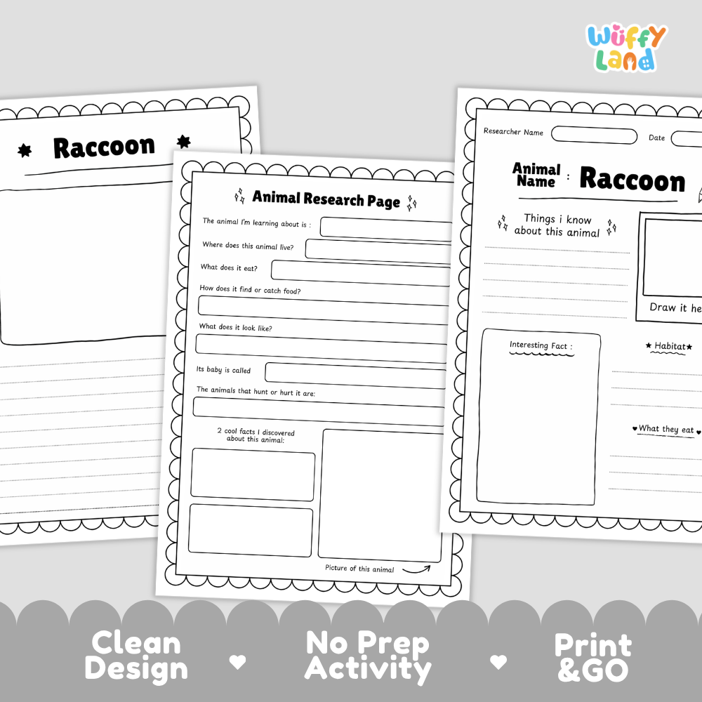 Three printable animal research activity sheets about a raccoon are shown on a light gray background with promotional text along the bottom. The sheets are black-and-white templates with writing areas, boxes, and a drawing space.