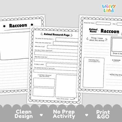 Three printable animal research activity sheets about a raccoon are shown on a light gray background with promotional text along the bottom. The sheets are black-and-white templates with writing areas, boxes, and a drawing space.
