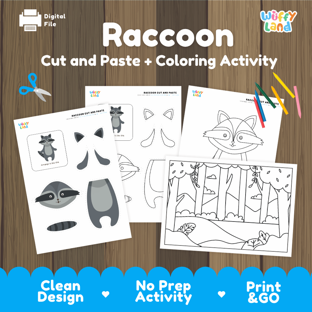Raccoon Cut and Paste Craft and Coloring Activity Worksheets