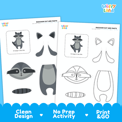 Raccoon Cut and Paste Craft and Coloring Activity Worksheets