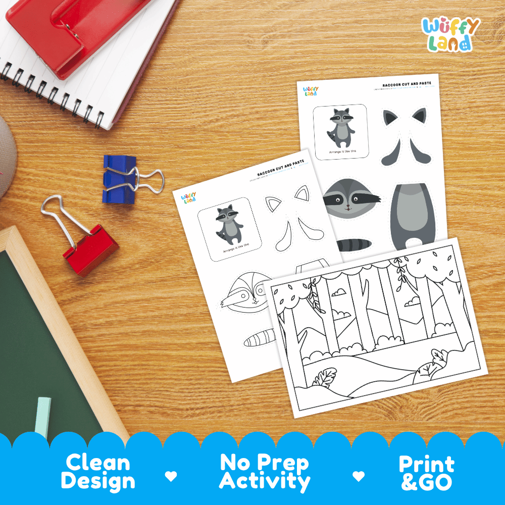 Raccoon Cut and Paste Craft and Coloring Activity Worksheets