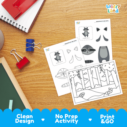 Raccoon Cut and Paste Craft and Coloring Activity Worksheets