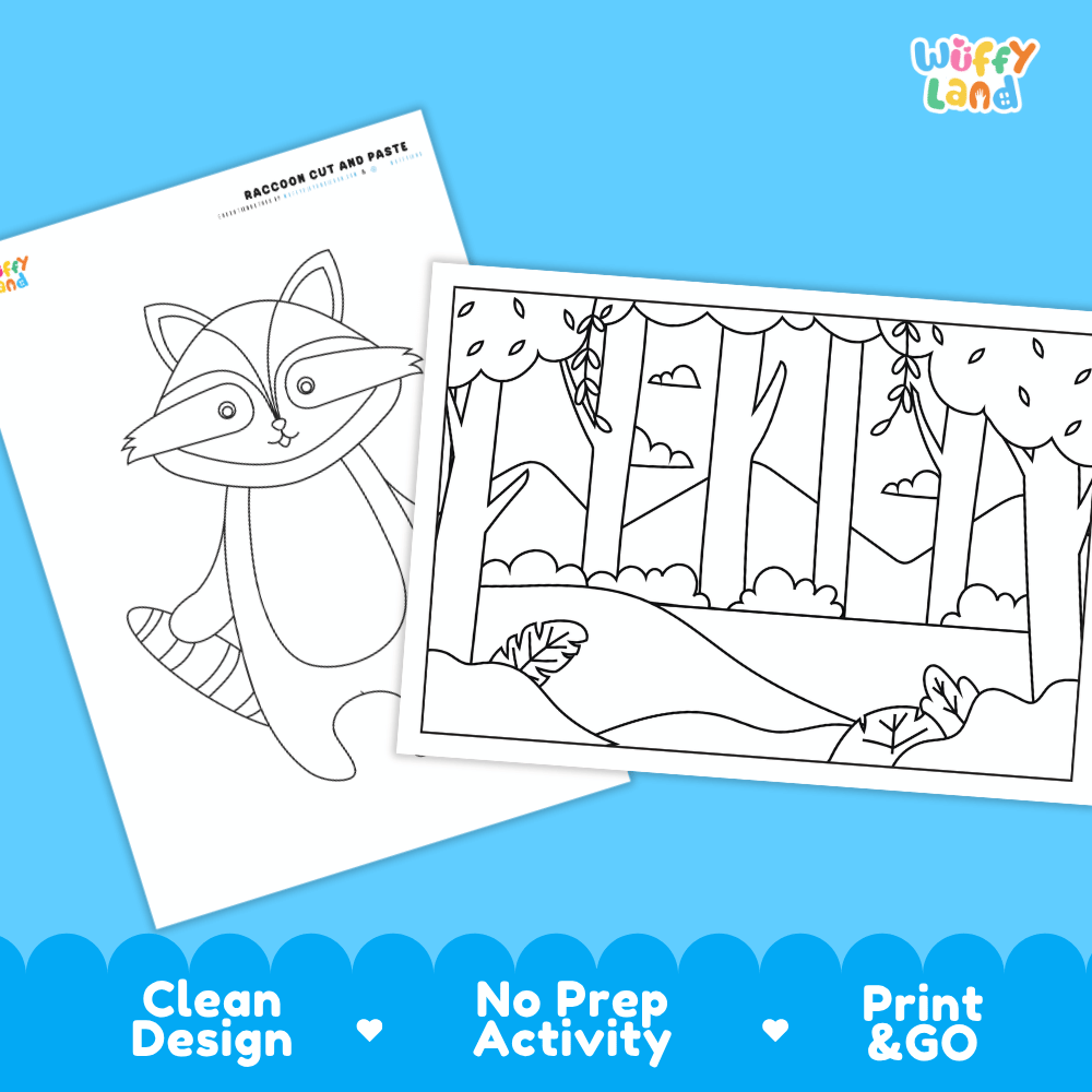 Raccoon Cut and Paste Craft and Coloring Activity Worksheets