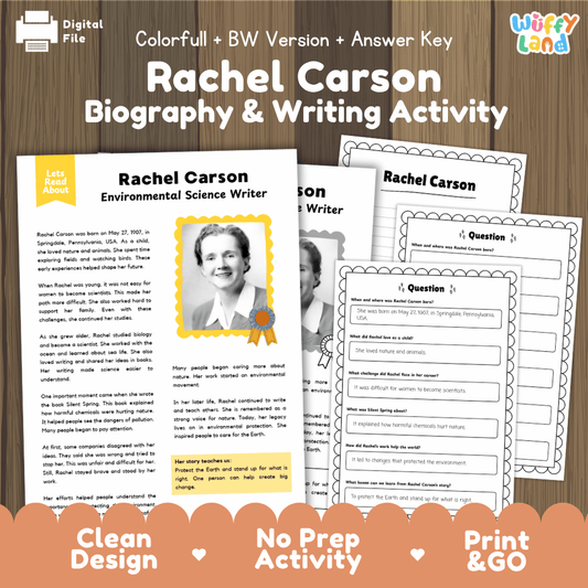 Rachel Carson biography reading comprehension worksheets with nonfiction passage, comprehension questions, writing activity and answer key for students