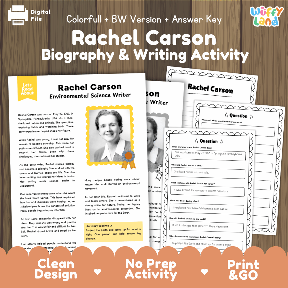 Digital printable activity sheet set for 'Rachel Carson Biography & Writing Activity' by Uffy Land, shown on a wood background with a 'Digital File' badge. The sheets include a biography layout, writing templates, and a question worksheet.
