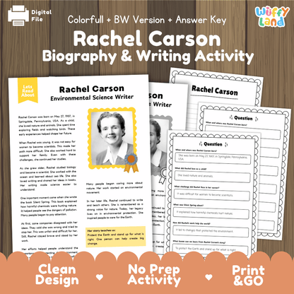 Digital printable activity sheet set for 'Rachel Carson Biography & Writing Activity' by Uffy Land, shown on a wood background with a 'Digital File' badge. The sheets include a biography layout, writing templates, and a question worksheet.
