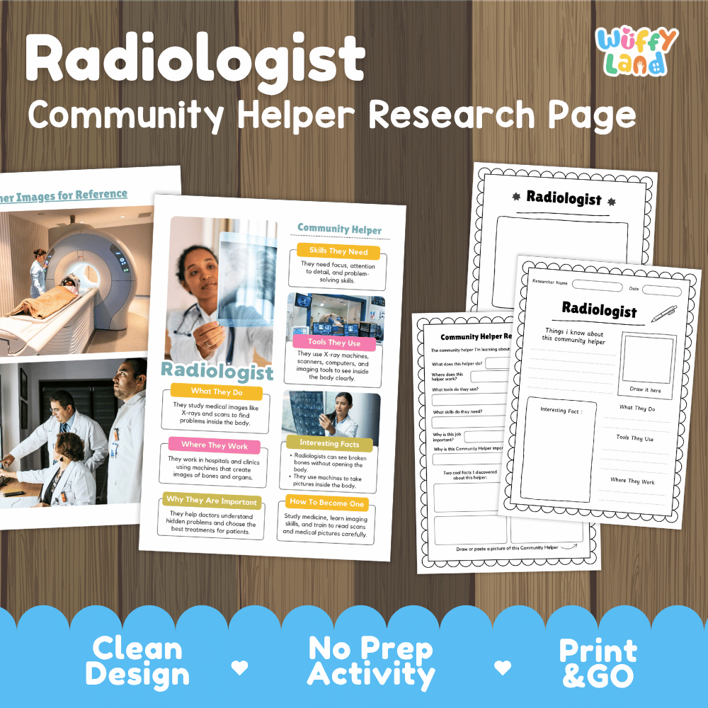 Radiologist community helper research page writing worksheets pack featuring real photos and student activity pages for elementary social studies