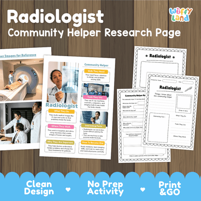 Radiologist community helper research page writing worksheets pack featuring real photos and student activity pages for elementary social studies