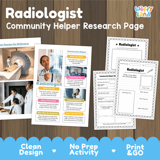 Radiologist community helper research page writing worksheets pack featuring real photos and student activity pages for elementary social studies