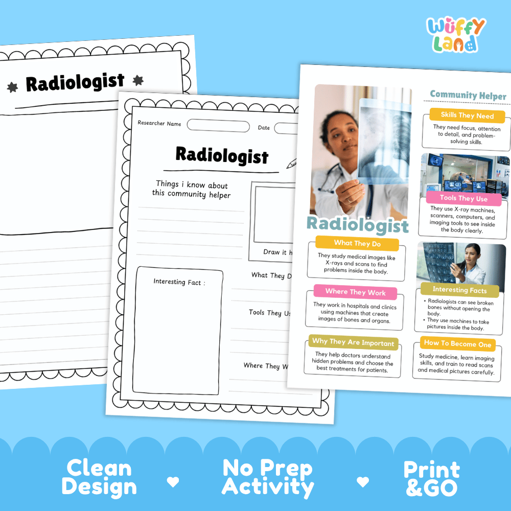 Educational reference poster with real photography showing radiologist duties, X-ray scanner tools, hospital workplace, and interesting facts