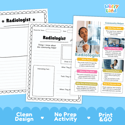 Educational reference poster with real photography showing radiologist duties, X-ray scanner tools, hospital workplace, and interesting facts