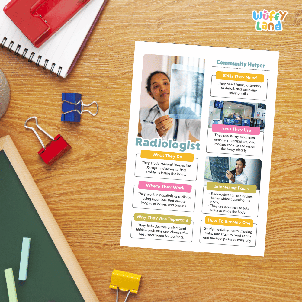 Guided student writing worksheets with lined sections for recording facts and a dedicated box for drawing or pasting a picture of a radiologist