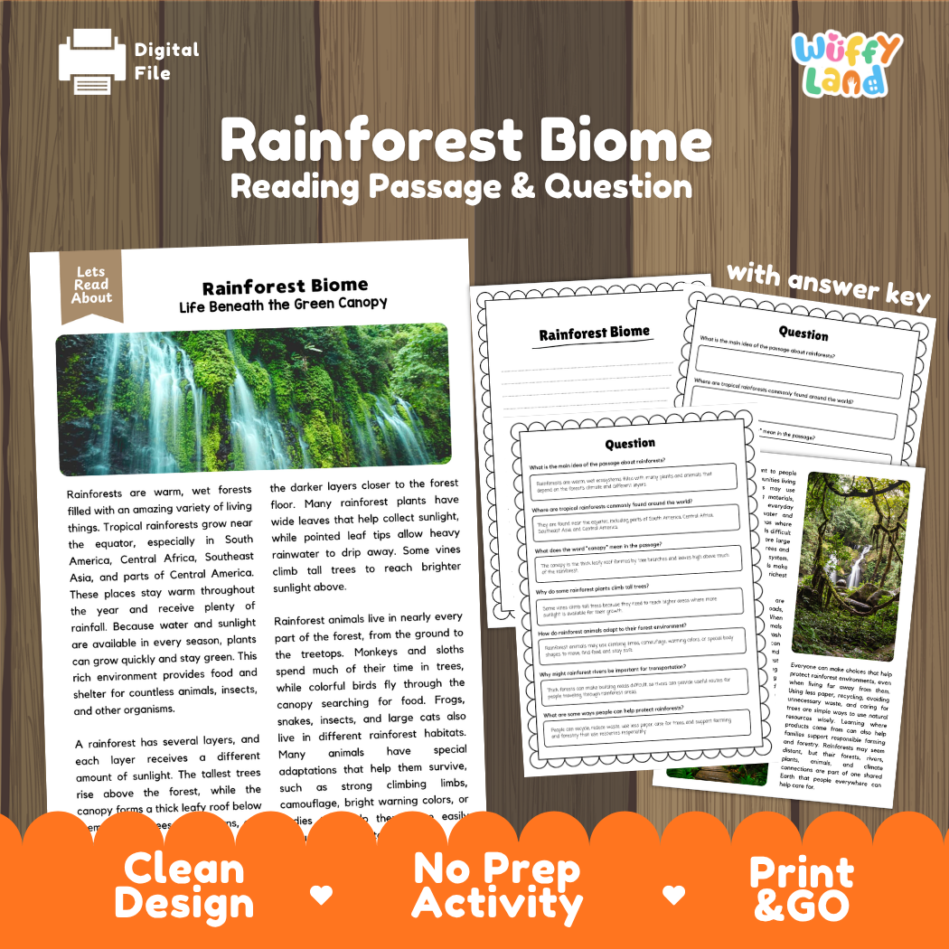 Rainforest Biome reading comprehension passage and questions printable activity pack with answer key for elementary students