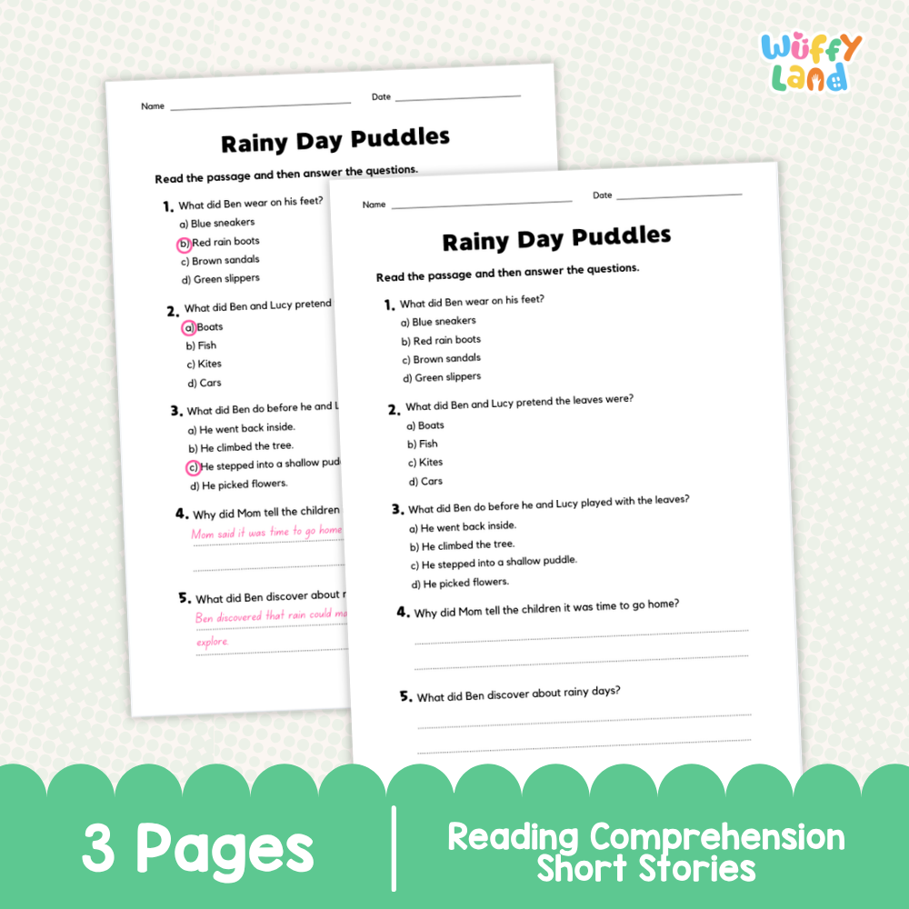 Three printable reading comprehension pages titled 'Rainy Day Puddles' shown on a light pastel background with a green scalloped banner at the bottom reading '3 Pages' and 'Reading Comprehension Short Stories.' The top-right corner shows the brand name 'Wiffly Land.