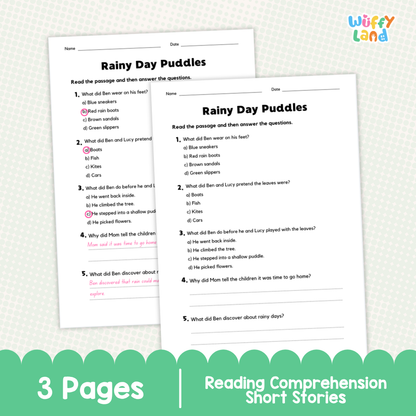 Three printable reading comprehension pages titled 'Rainy Day Puddles' shown on a light pastel background with a green scalloped banner at the bottom reading '3 Pages' and 'Reading Comprehension Short Stories.' The top-right corner shows the brand name 'Wiffly Land.