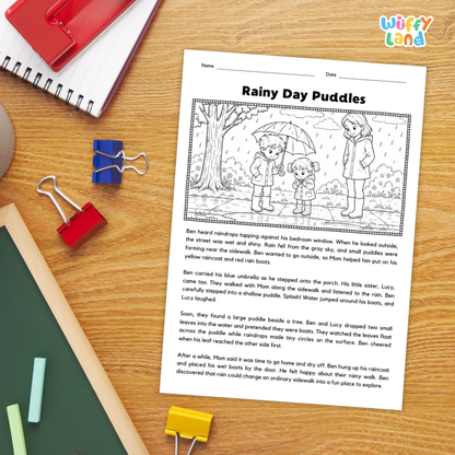 Rainy Day Puddles Reading Comprehension Passage and Questions Worksheets