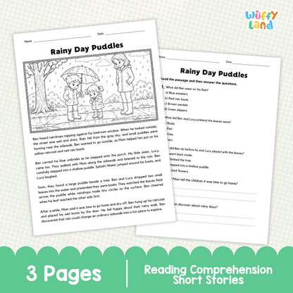 Rainy Day Puddles Reading Comprehension Passage and Questions Worksheets